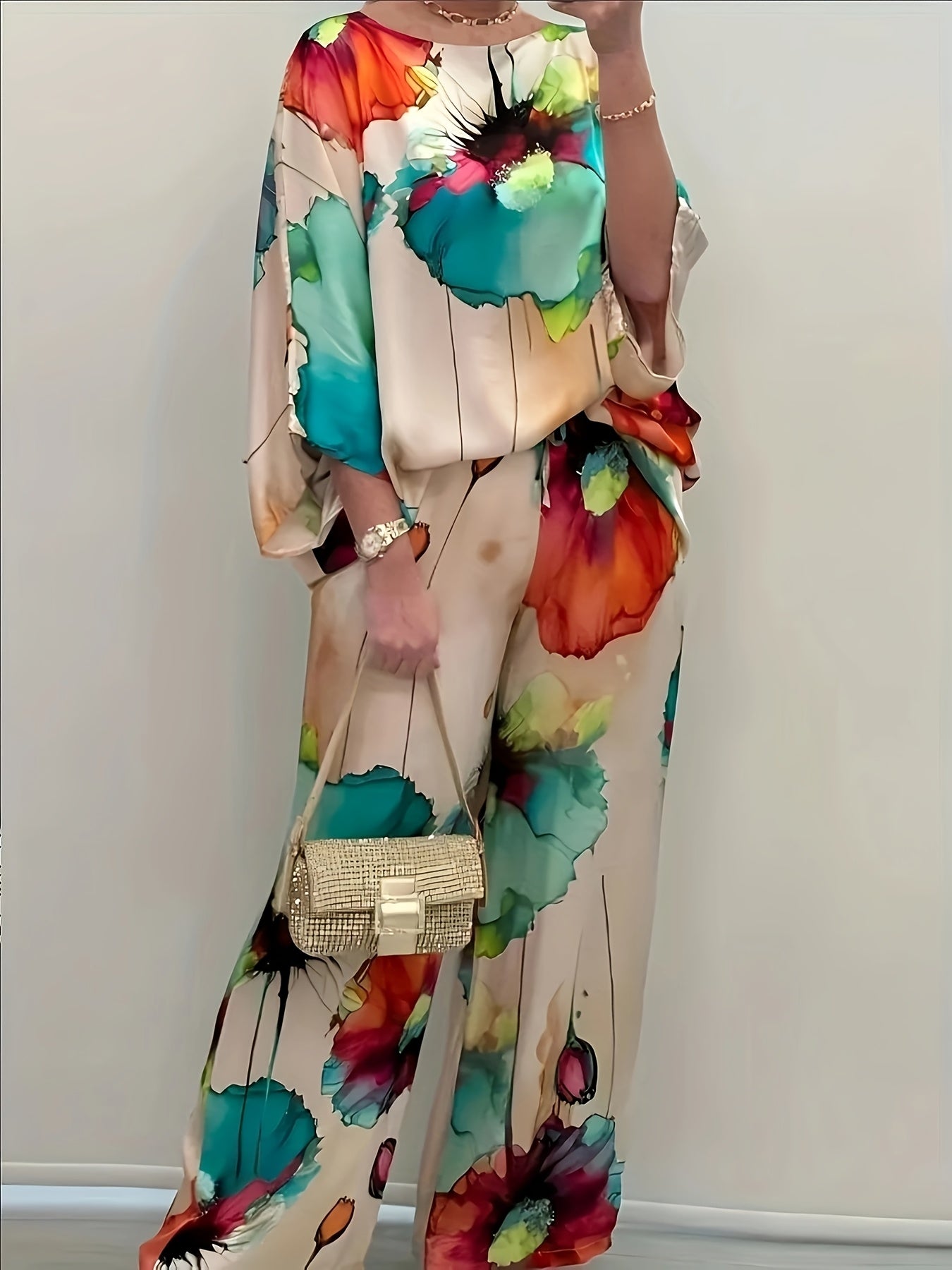 Women's Elegant Floral Print Satin Two-Piece Set: Round Neck Top and Wide Leg Pants
